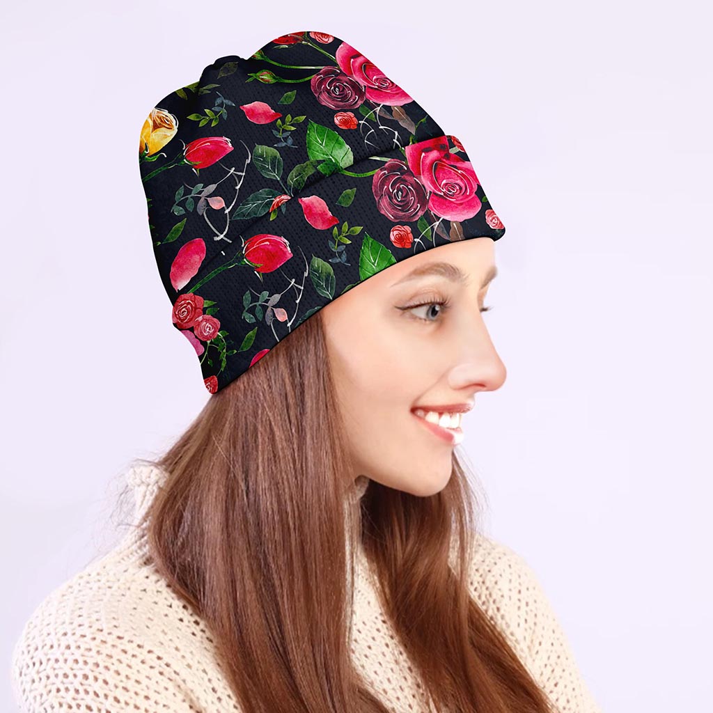 Roses Floral Flower Pattern Print Beanie