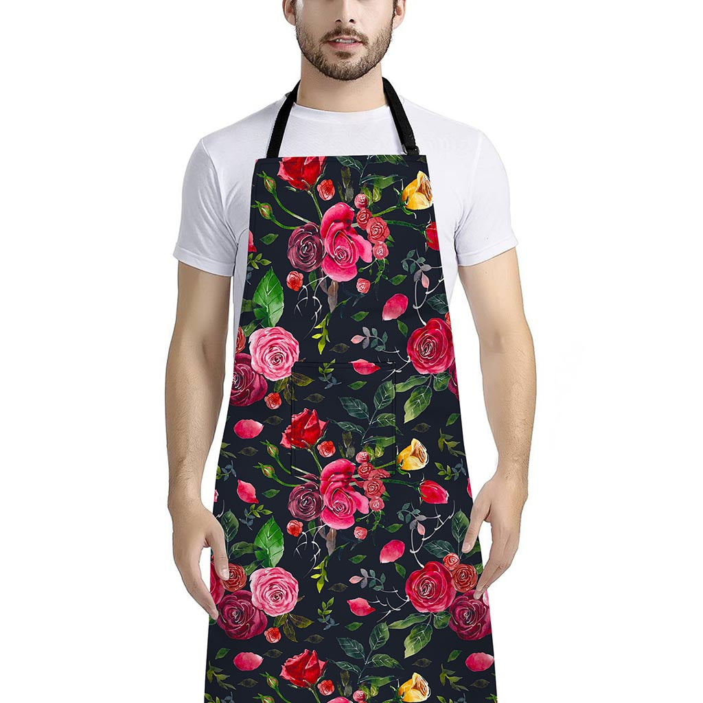 Roses Floral Flower Pattern Print Bib Apron With Pocket
