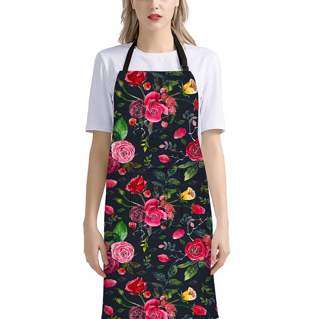 Roses Floral Flower Pattern Print Bib Apron With Pocket