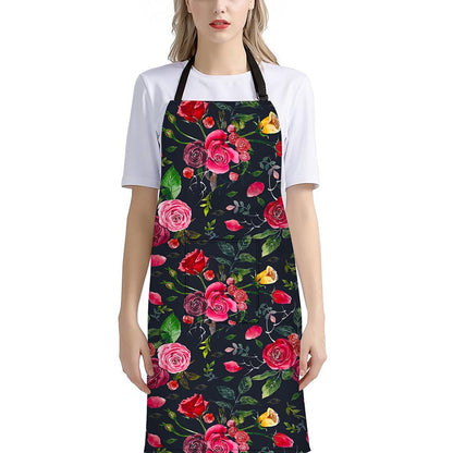 Roses Floral Flower Pattern Print Bib Apron With Pocket