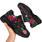 Roses Floral Flower Pattern Print Black Chunky Shoes