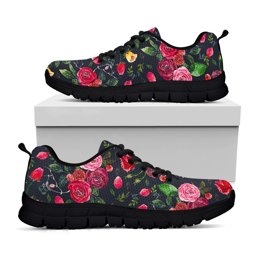 Roses Floral Flower Pattern Print Black Running Shoes