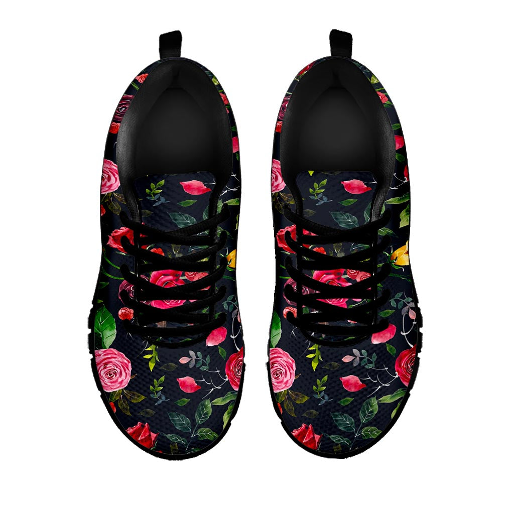 Roses Floral Flower Pattern Print Black Running Shoes