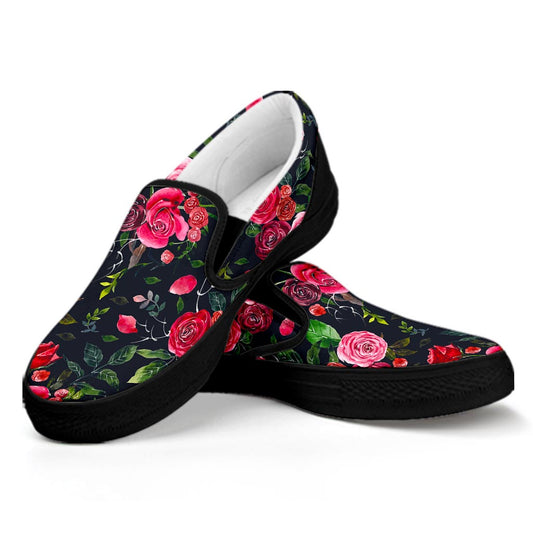 Roses Floral Flower Pattern Print Black Slip On Sneakers