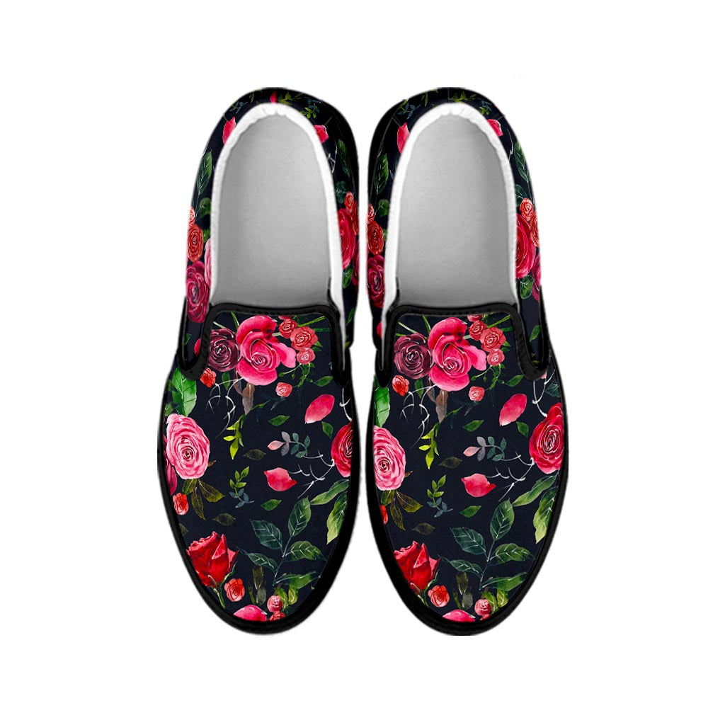 Roses Floral Flower Pattern Print Black Slip On Sneakers