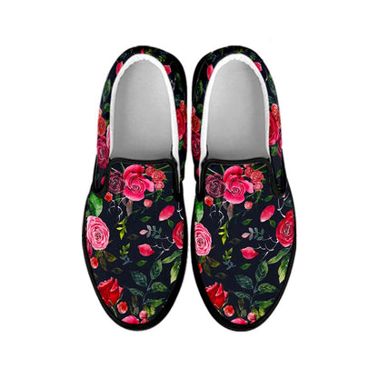 Roses Floral Flower Pattern Print Black Slip On Sneakers