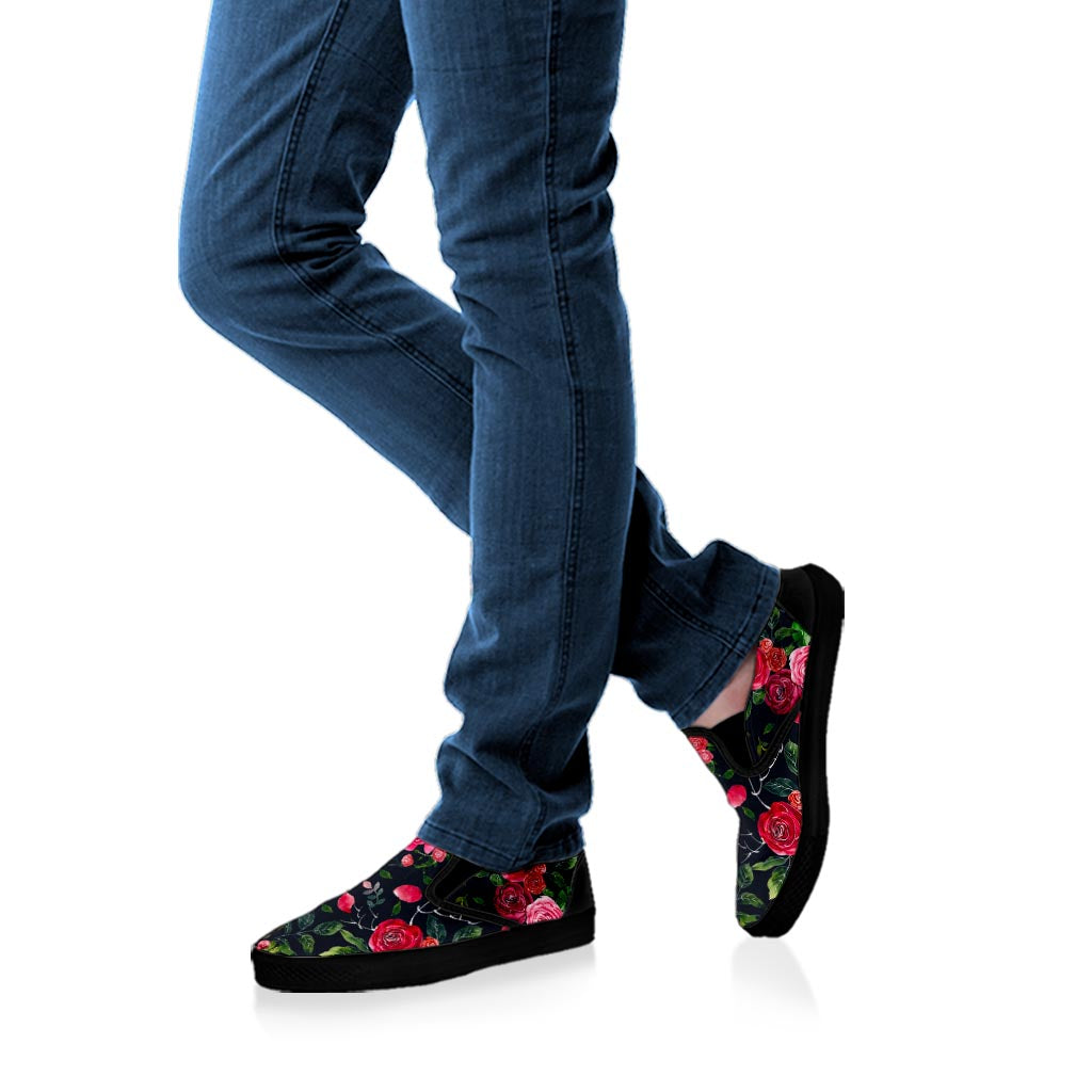 Roses Floral Flower Pattern Print Black Slip On Sneakers