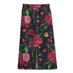 Roses Floral Flower Pattern Print Cotton Front Slit Maxi Skirt