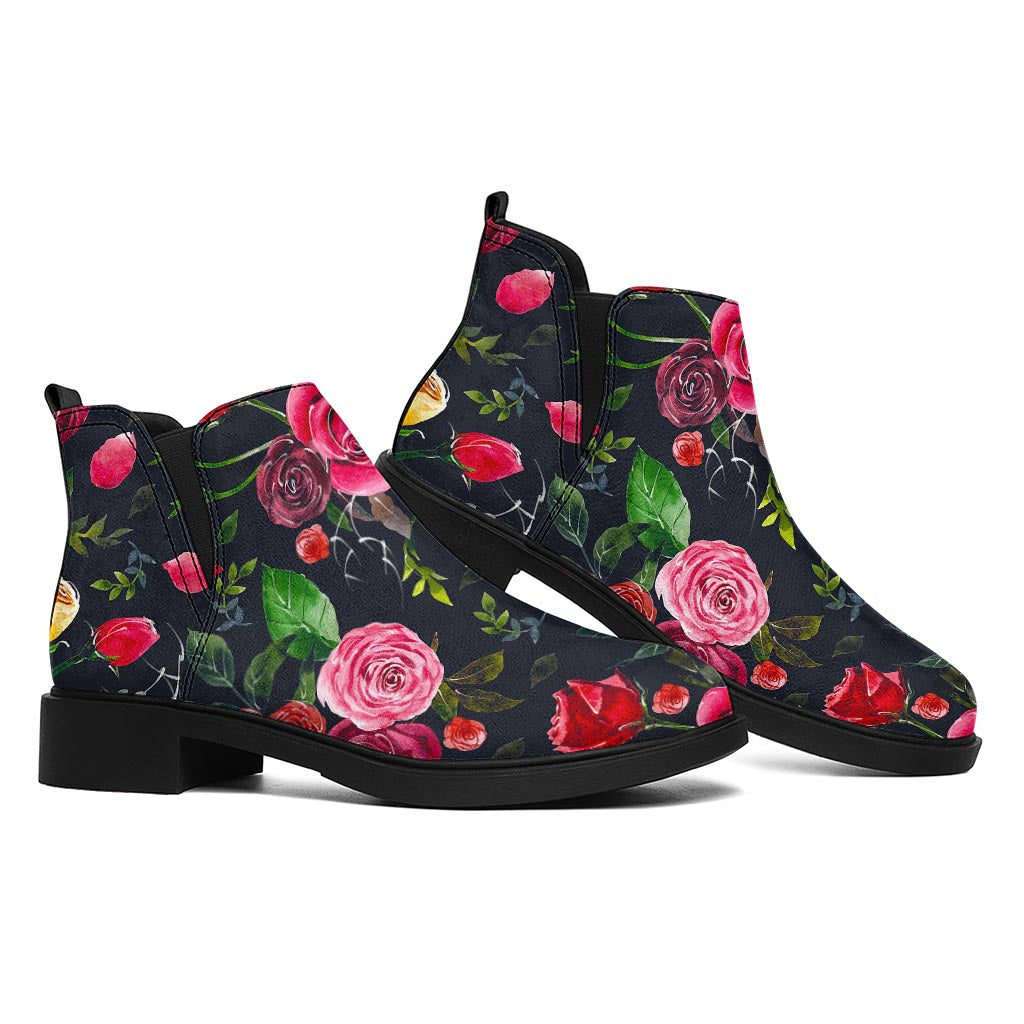 Roses Floral Flower Pattern Print Flat Ankle Boots
