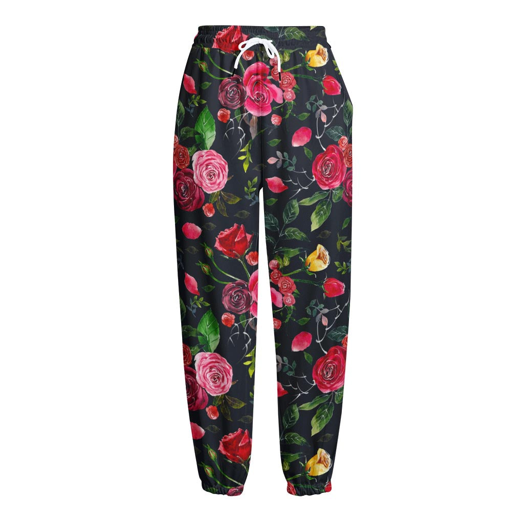 Roses Floral Flower Pattern Print Fleece Lined Knit Pants