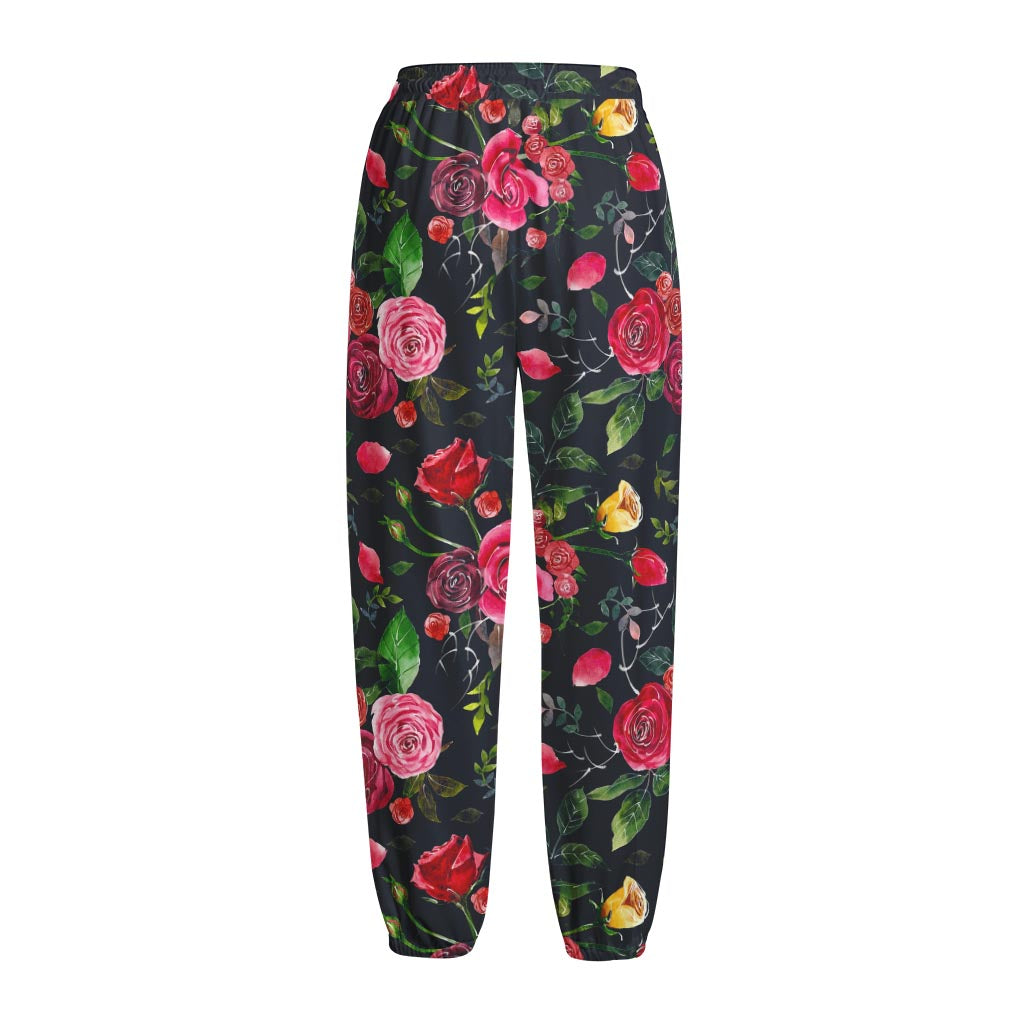 Roses Floral Flower Pattern Print Fleece Lined Knit Pants