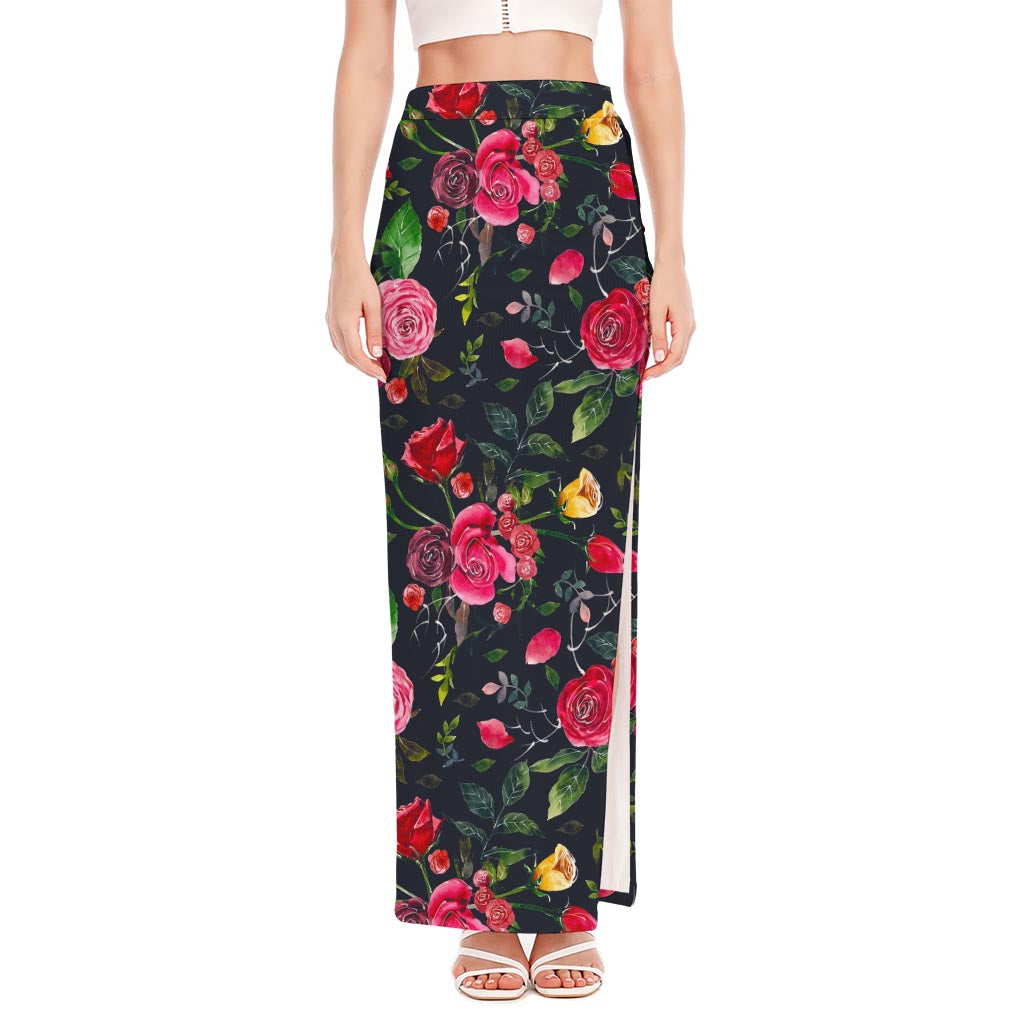 Roses Floral Flower Pattern Print High Slit Maxi Skirt