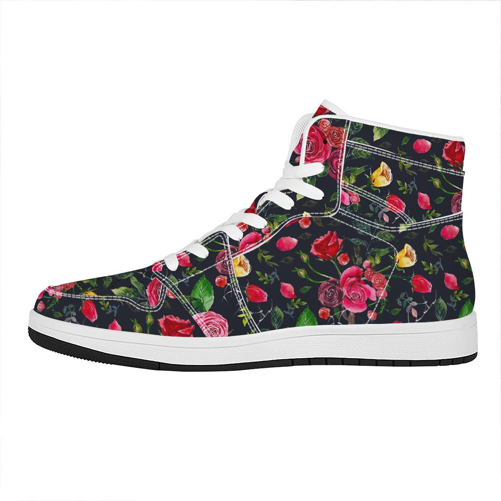 Roses Floral Flower Pattern Print High Top Leather Sneakers