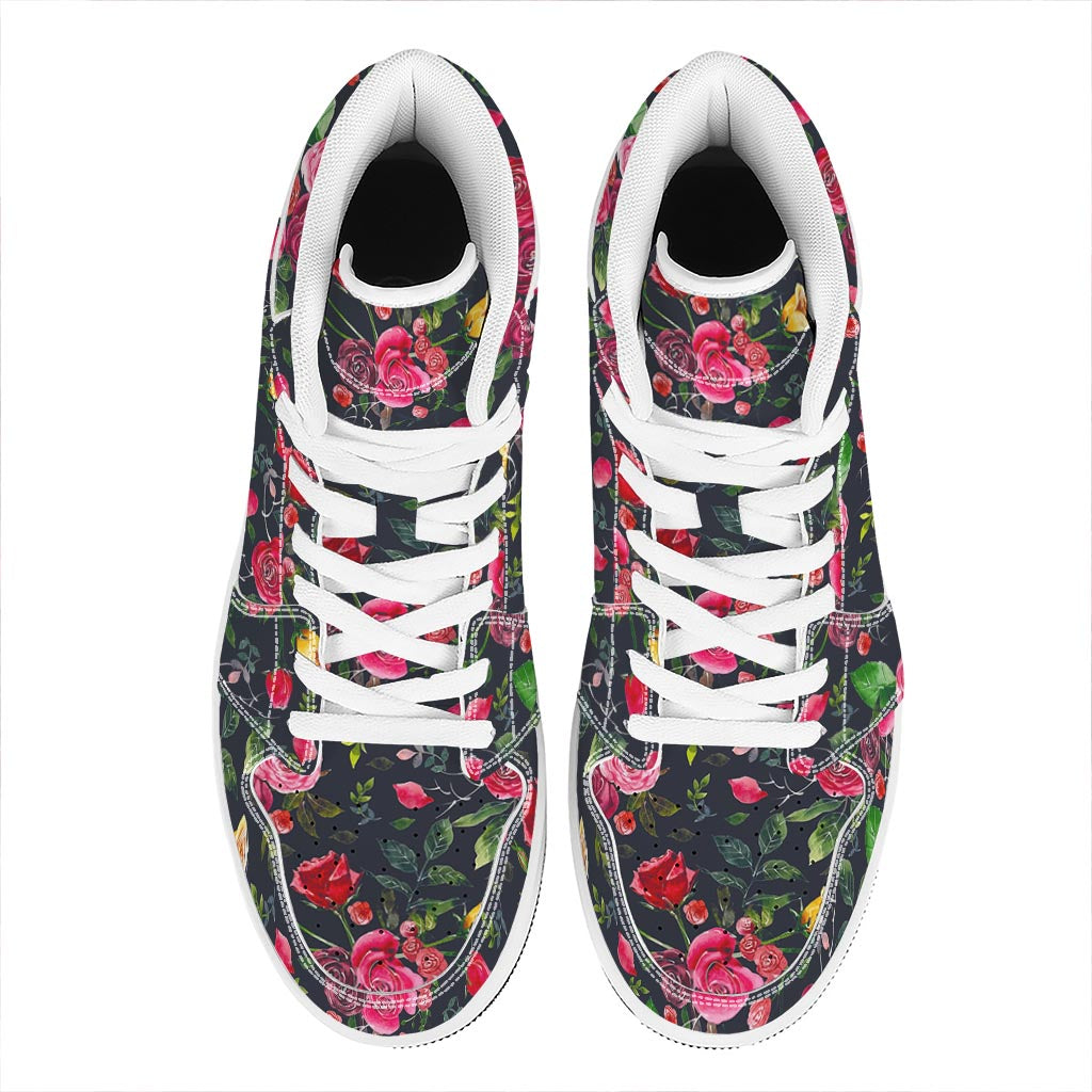 Roses Floral Flower Pattern Print High Top Leather Sneakers