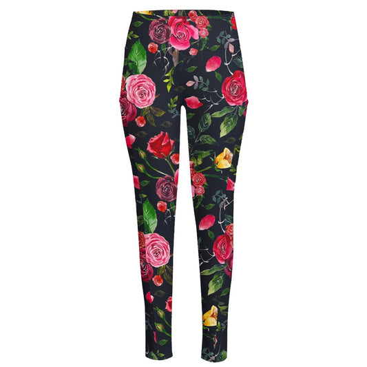 Roses Floral Flower Pattern Print High-Waisted Pocket Leggings