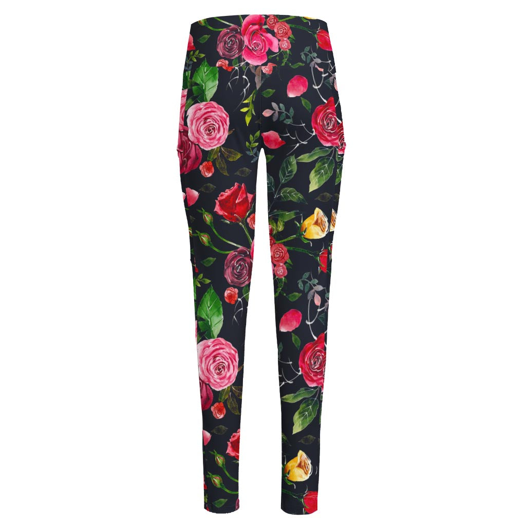 Roses Floral Flower Pattern Print High-Waisted Pocket Leggings