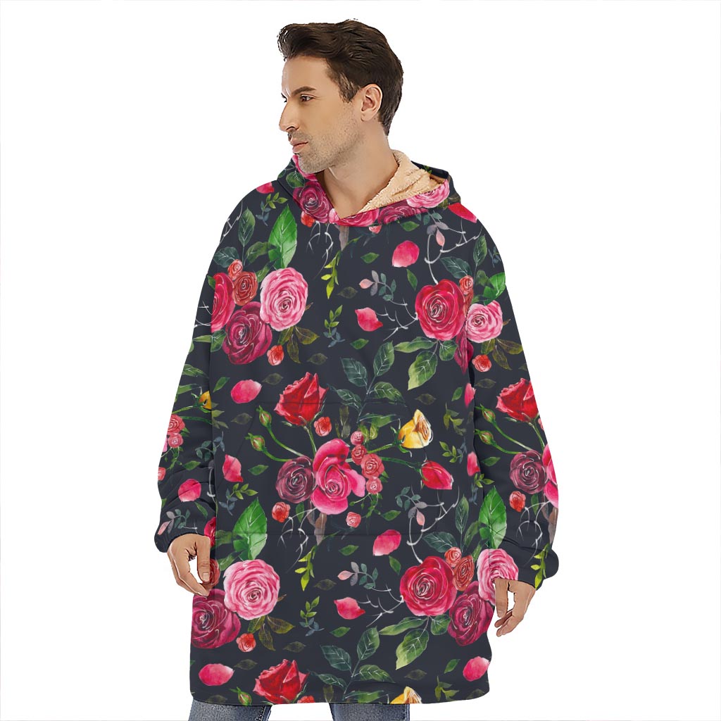 Roses Floral Flower Pattern Print Hoodie Blanket