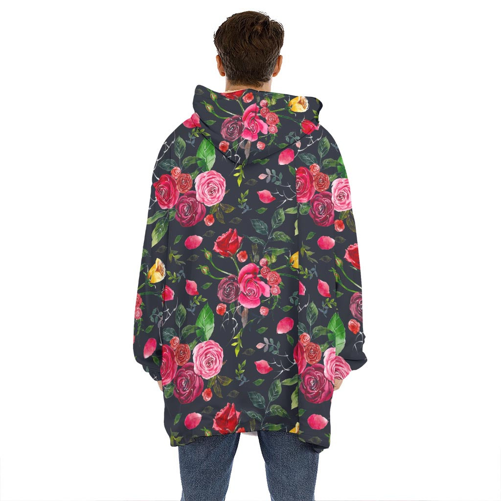 Roses Floral Flower Pattern Print Hoodie Blanket