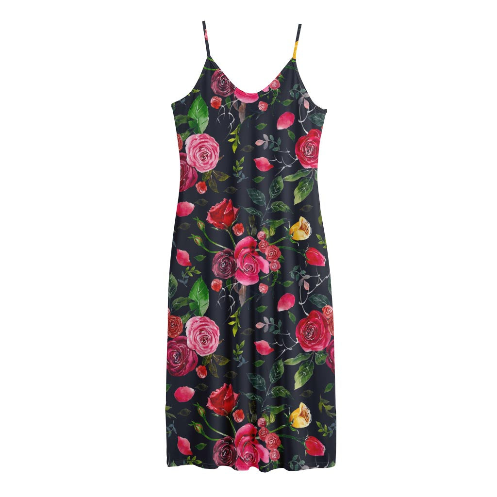 Roses Floral Flower Pattern Print Jersey Midi Cami Dress