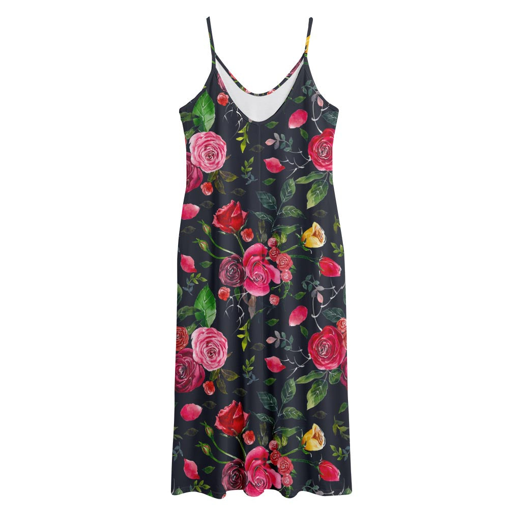 Roses Floral Flower Pattern Print Jersey Midi Cami Dress