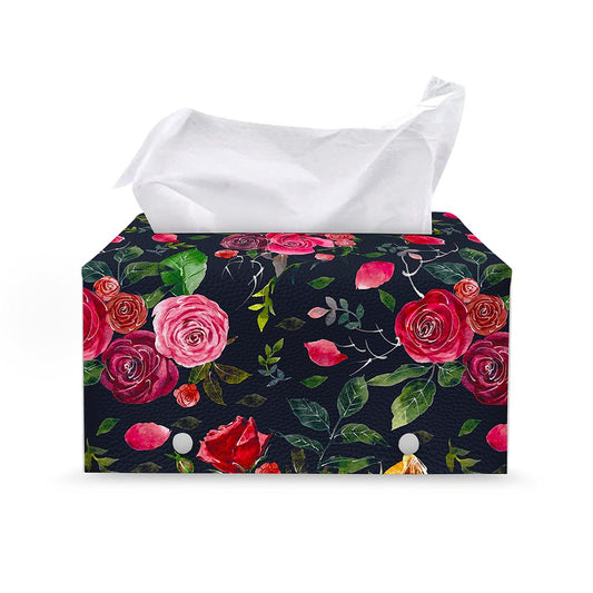 Roses Floral Flower Pattern Print Leather Tissue Box Cover