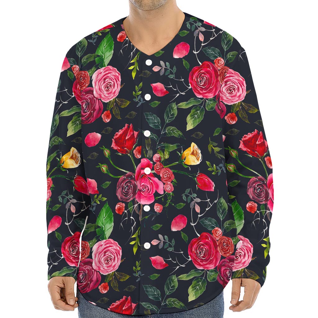 Roses Floral Flower Pattern Print Long Sleeve Baseball Jersey