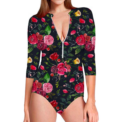 Roses Floral Flower Pattern Print Long Sleeve Swimsuit