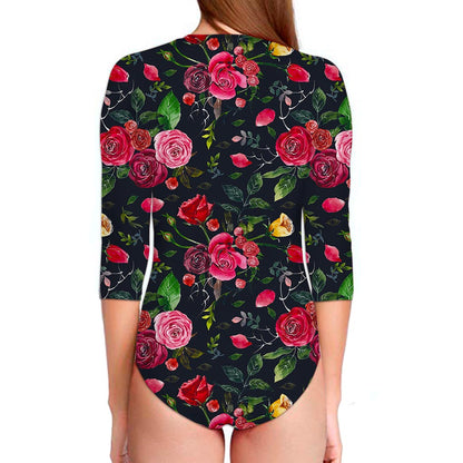Roses Floral Flower Pattern Print Long Sleeve Swimsuit