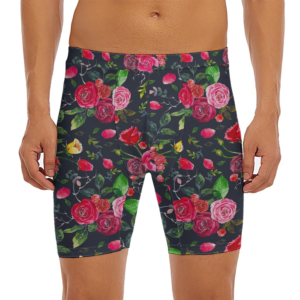 Roses Floral Flower Pattern Print Men's Long Boxer Briefs