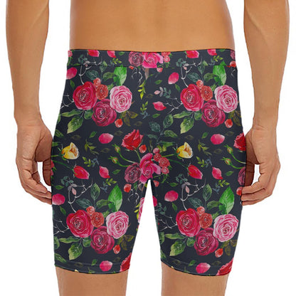 Roses Floral Flower Pattern Print Men's Long Boxer Briefs