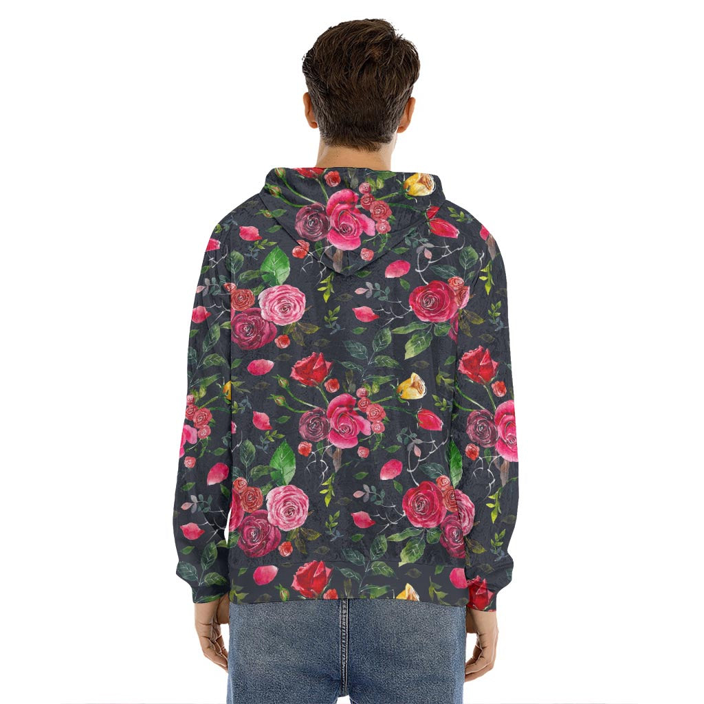 Roses Floral Flower Pattern Print Men's Velvet Pullover Hoodie