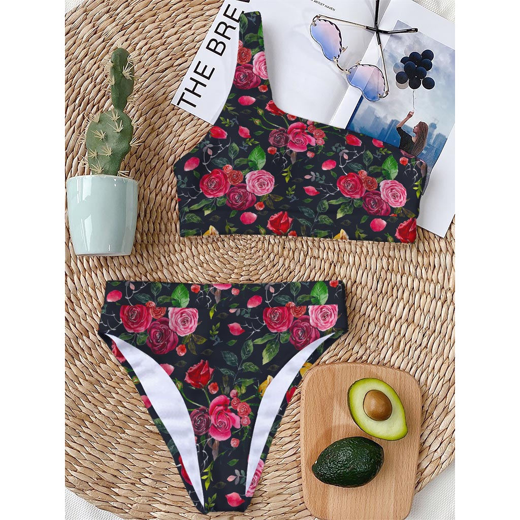 Roses Floral Flower Pattern Print One Shoulder Bikini Top