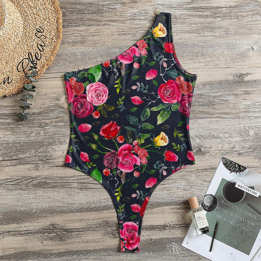 Roses Floral Flower Pattern Print One Shoulder Bodysuit