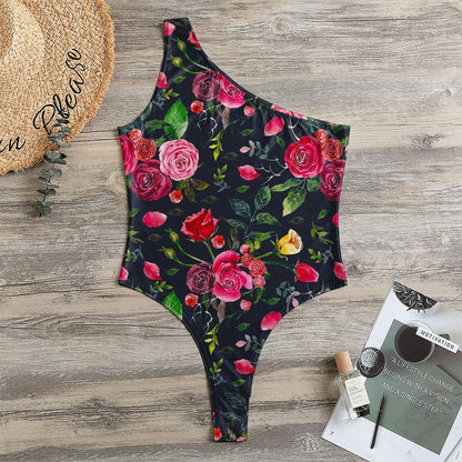 Roses Floral Flower Pattern Print One Shoulder Bodysuit