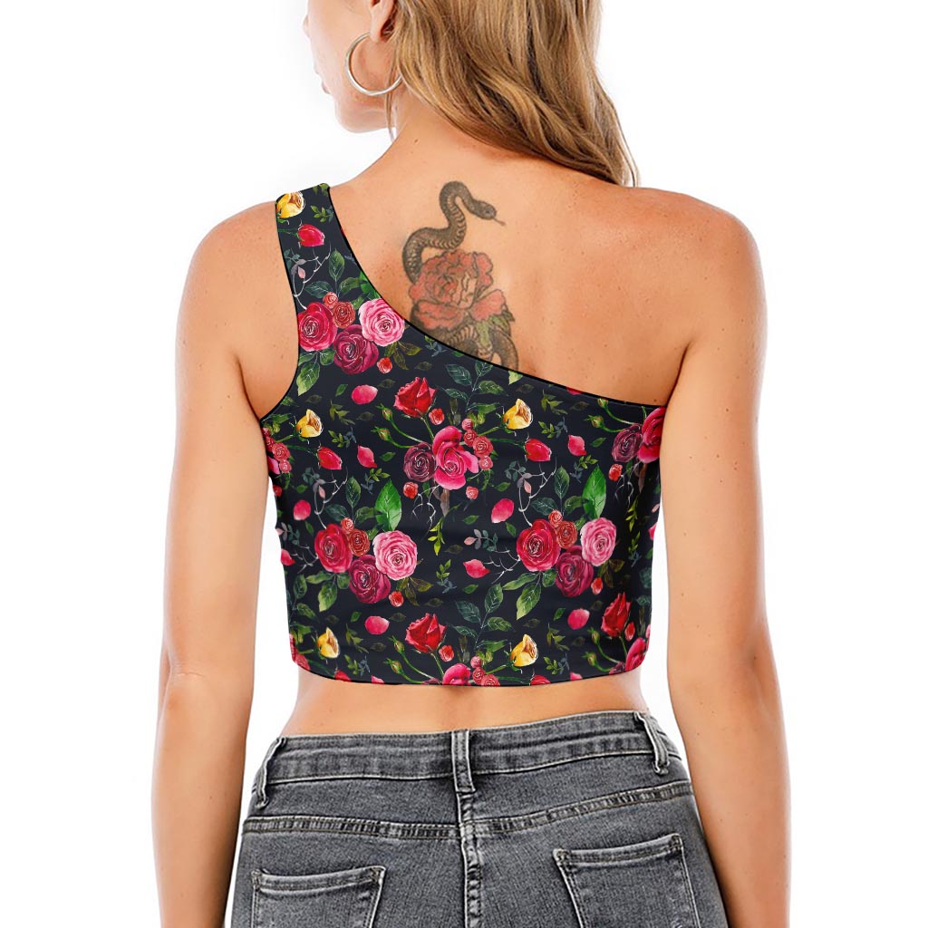 Roses Floral Flower Pattern Print One Shoulder Crop Top