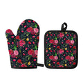 Roses Floral Flower Pattern Print Oven Mitt And Pot Holder Set