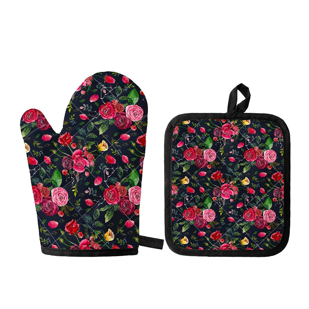 Roses Floral Flower Pattern Print Oven Mitt And Pot Holder Set