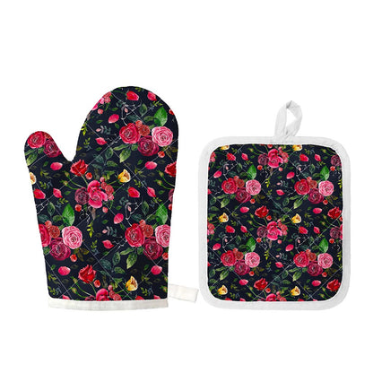 Roses Floral Flower Pattern Print Oven Mitt And Pot Holder Set