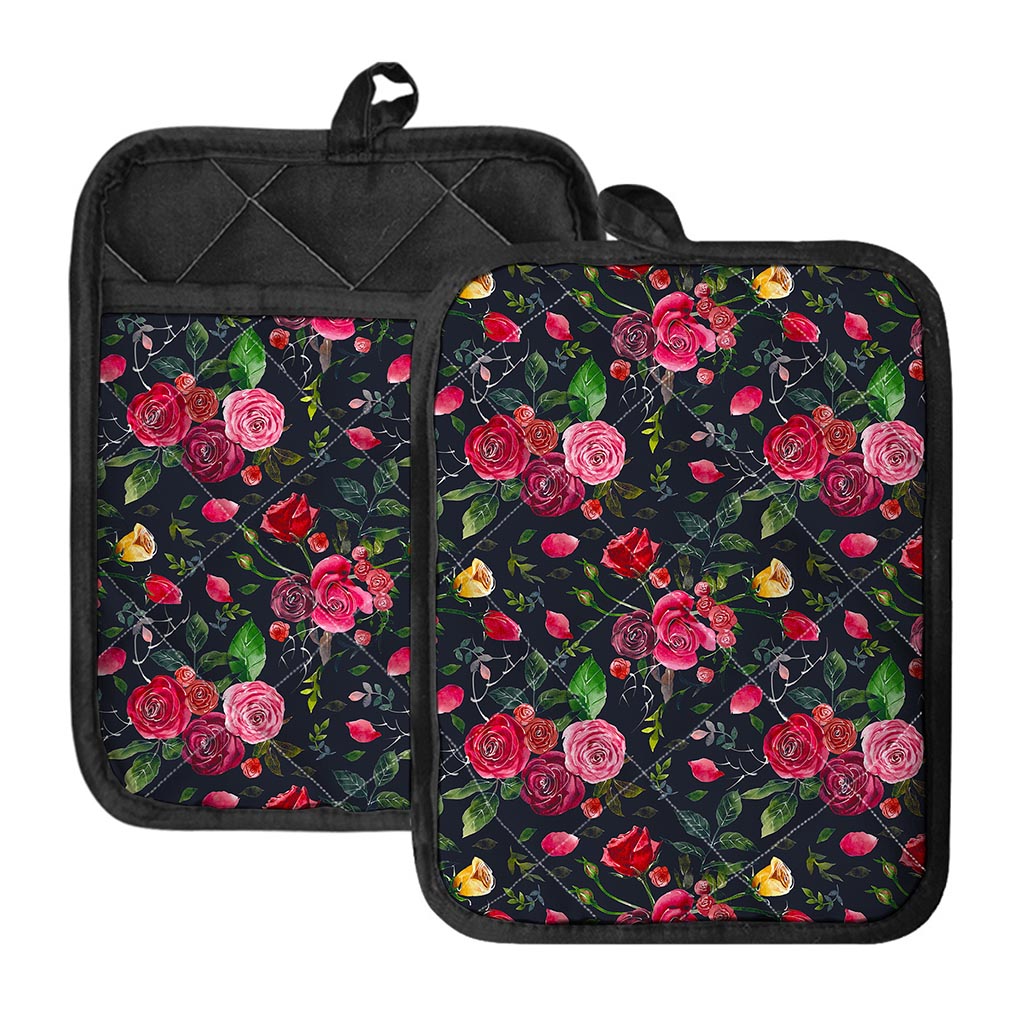 Roses Floral Flower Pattern Print Pot Holders With Pocket