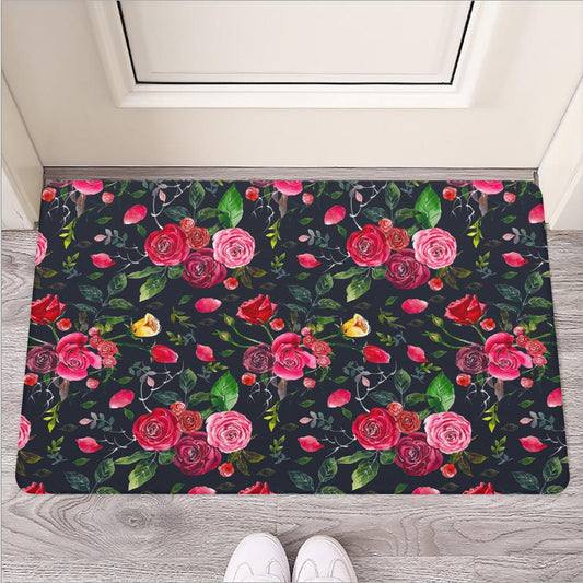 Roses Floral Flower Pattern Print Rubber Doormat