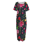 Roses Floral Flower Pattern Print Short Sleeve Long Nightdress