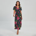 Roses Floral Flower Pattern Print Short Sleeve Maxi Dress