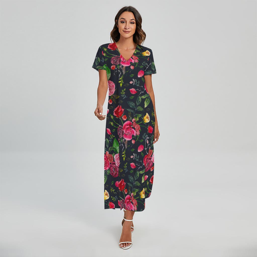 Roses Floral Flower Pattern Print Short Sleeve Maxi Dress