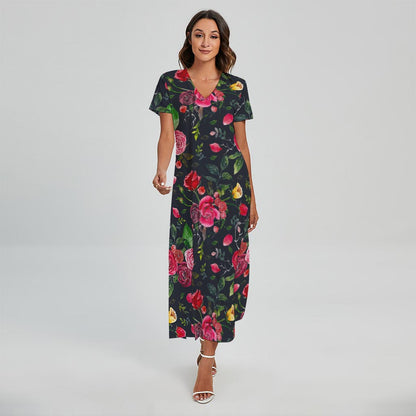 Roses Floral Flower Pattern Print Short Sleeve Maxi Dress