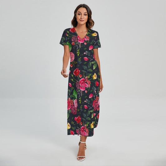 Roses Floral Flower Pattern Print Short Sleeve Maxi Dress