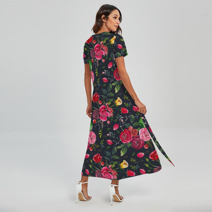 Roses Floral Flower Pattern Print Short Sleeve Maxi Dress