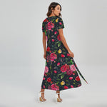 Roses Floral Flower Pattern Print Short Sleeve Maxi Dress