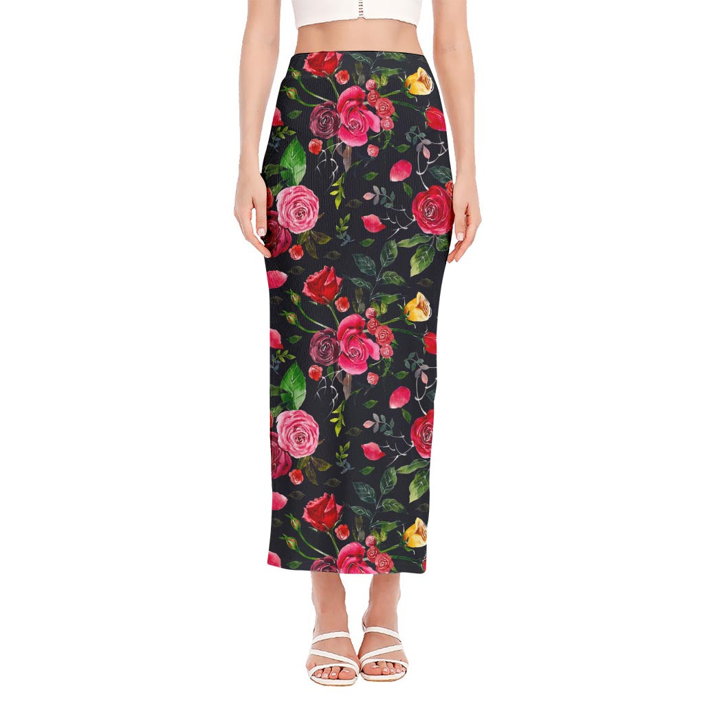 Roses Floral Flower Pattern Print Side Slit Maxi Skirt