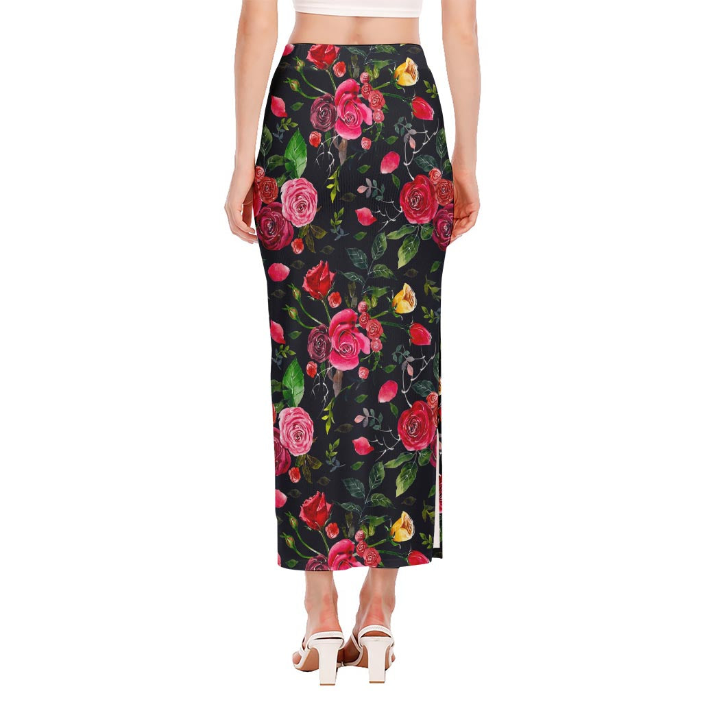 Roses Floral Flower Pattern Print Side Slit Maxi Skirt