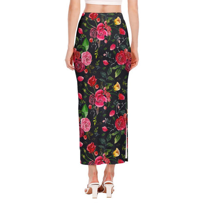 Roses Floral Flower Pattern Print Side Slit Maxi Skirt